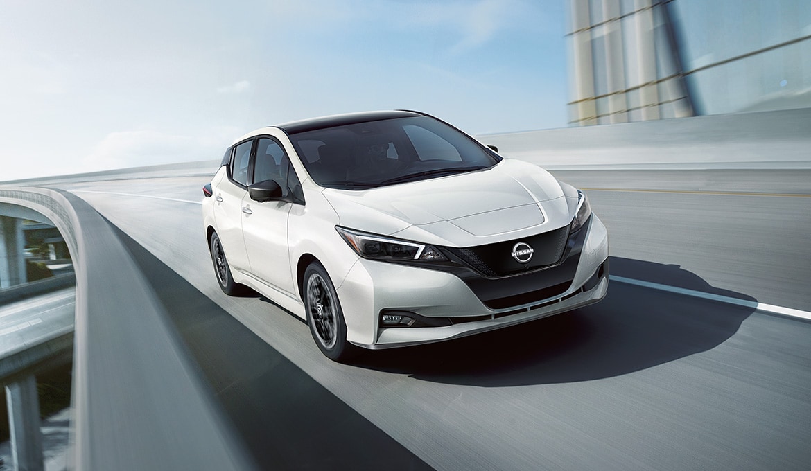2024 Nissan LEAF in white on an overpass