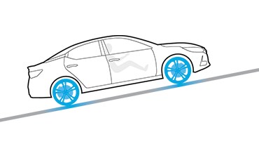 2023 Nissan Sentra illustration showing a car on an incline using Hill Start Assist technology.