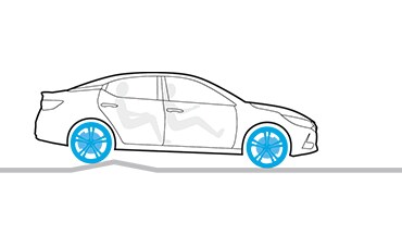 2023 Nissan Sentra illustration showing a car driving over a hump with Active Ride Control technology.